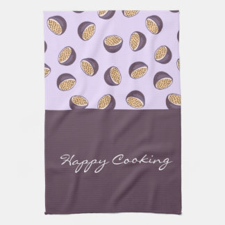 Elegant hand lettering name Happy cooking purple Tea Towel