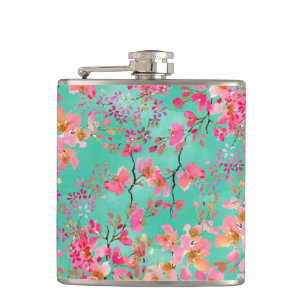 Elegant hand paint watercolor spring floral hip flask