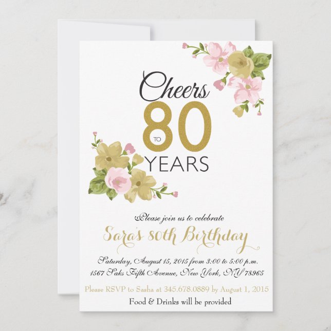 Elegant Hand Painted Flower 80th Birthday Invite (Front)