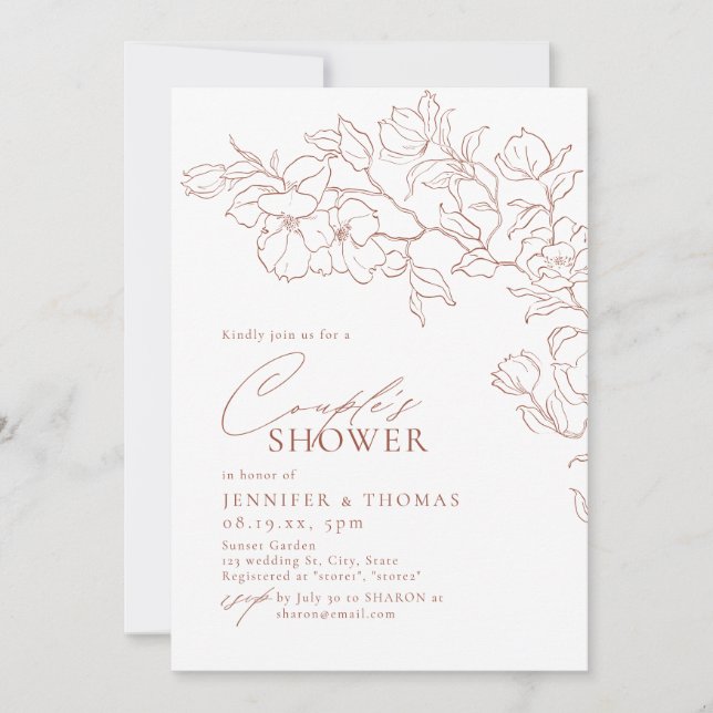 Elegant handdrawn floral terracotta Couples Shower Invitation (Front)