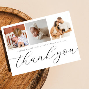 Elegant Handlettering Script 3 Photo New Baby Thank You Card