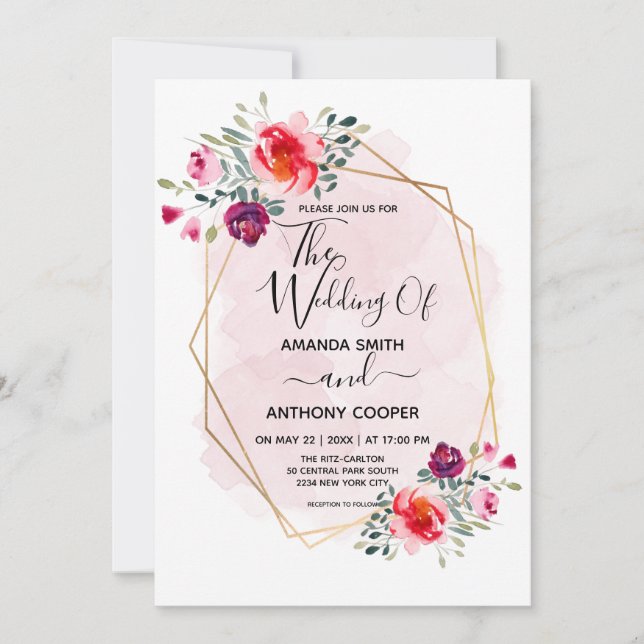 Elegant handmade watercolor floral invitation (Front)