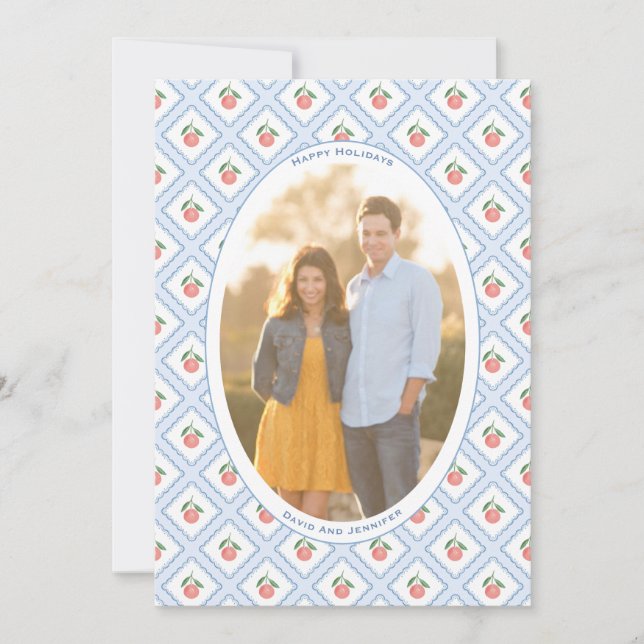 Elegant Handpainted Citrus Pattern Oval Photo Holiday Card (Front)