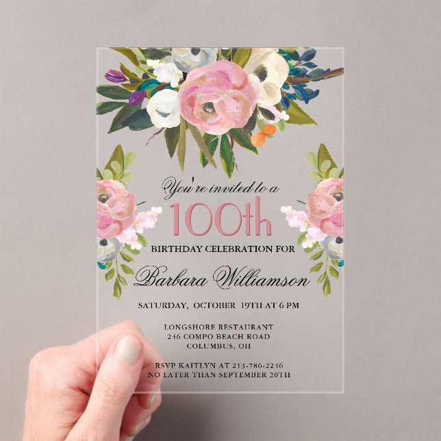 Elegant Handpainted Floral 100th Birthday Party  Acrylic Invitations (Insitu (Handheld))