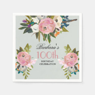 Elegant Handpainted Floral 100th Birthday Party Napkin