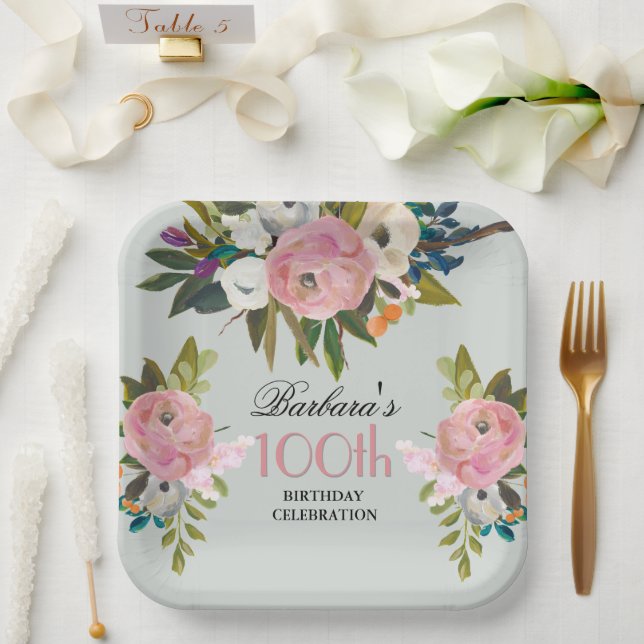 Elegant Handpainted Floral 100th Birthday Party  Paper Plate (Wedding)