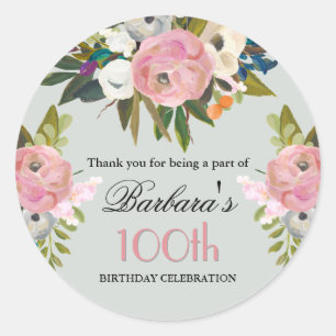 Elegant Handpainted Floral 100th Birthday Welcome Classic Round Sticker