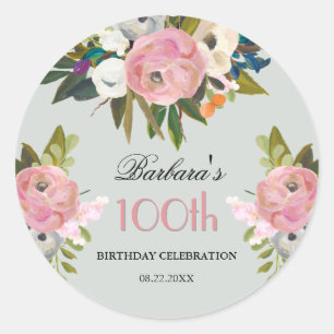 Elegant Handpainted Floral 100th Birthday Welcome Classic Round Sticker