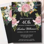 *Elegant Handpainted Floral 40th Birthday Party  Invitation<br><div class="desc">Start this special 40th birthday celebration in a elegant style with this beautifully hand painted invitation with colorful yet gentle flowers -- leading with blush pink and greenery, yet adding interesting other touches of color striking against an all black background.. All of the text can be personalized for your party...</div>