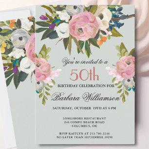Elegant Handpainted Floral 50th Birthday Party  Invitation