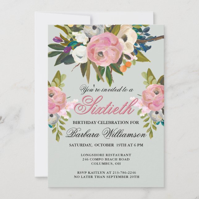 Elegant Handpainted Floral 60th Birthday Party  Invitation (Front)