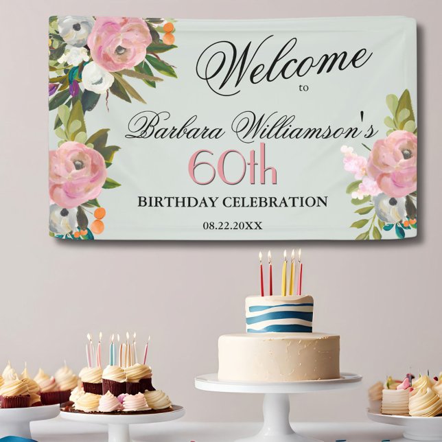 Elegant Handpainted Floral 60th Birthday Welcome  Banner (Creator Uploaded)