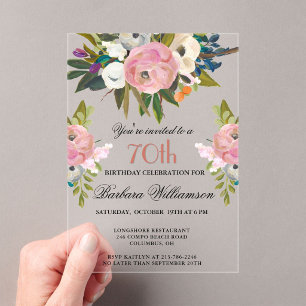 Elegant Handpainted Floral 70th Birthday Party Acrylic Invitations