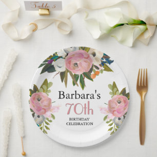 Elegant Handpainted Floral 70th Birthday Party Paper Plate