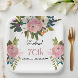 Elegant Handpainted Floral 70th Birthday Party Paper Plate