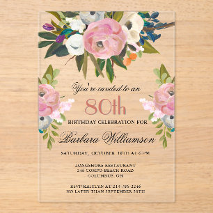 Elegant Handpainted Floral 80th Birthday Party  Acrylic Invitations