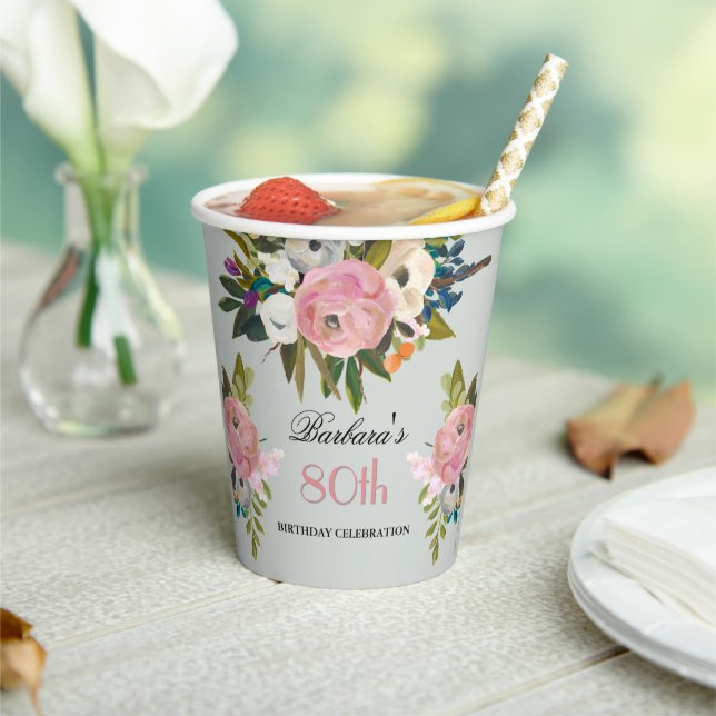 Elegant Handpainted Floral 80th Birthday Party  Paper Cups (Insitu)
