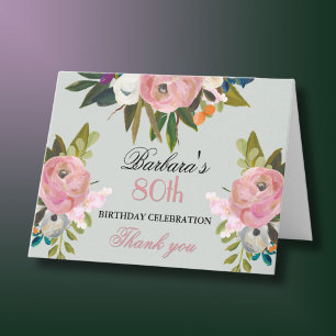 Elegant Handpainted Floral 80th Birthday Party  Thank You Card