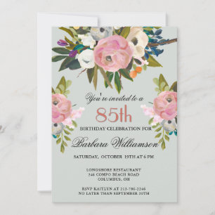 Elegant Handpainted Floral 85th Birthday Party  Invitation
