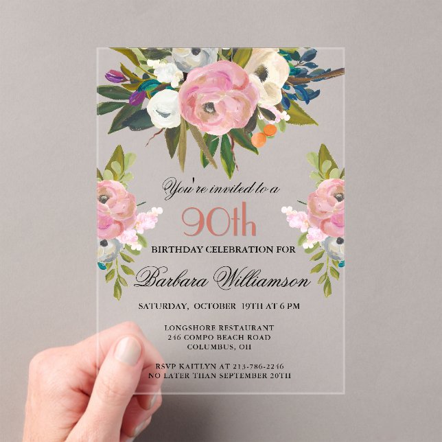 Elegant Handpainted Floral 90th Birthday Party  Acrylic Invitations (Insitu (Handheld))