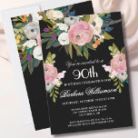 Elegant Handpainted Floral 90th Birthday Party  Invitation<br><div class="desc">Start this special 90th birthday celebration in a elegant style with this beautifully hand painted invitation with colourful yet gentle flowers -- leading with blush pink and greenery, yet adding interesting other touches of colour striking against an all black background.. All of the text can be personalised for your party...</div>