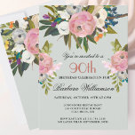 Elegant Handpainted Floral 90th Birthday Party  Invitation<br><div class="desc">Start this special 90th birthday celebration in a elegant style with this beautifully hand painted invitation with colourful yet gentle flowers -- leading with blush pink and greenery, yet adding interesting other touches of colour. All of the text can be personalised for your party including the guest of honour's age....</div>