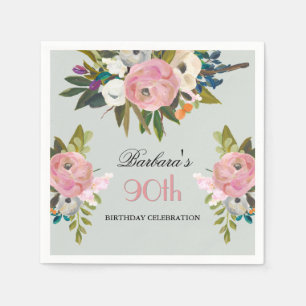 Elegant Handpainted Floral 90th Birthday Party Napkin