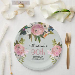 Elegant Handpainted Floral 90th Birthday Party  Paper Plate