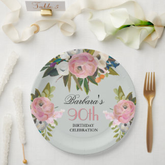 Elegant Handpainted Floral 90th Birthday Party Paper Plate
