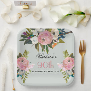 Elegant Handpainted Floral 90th Birthday Party Paper Plate