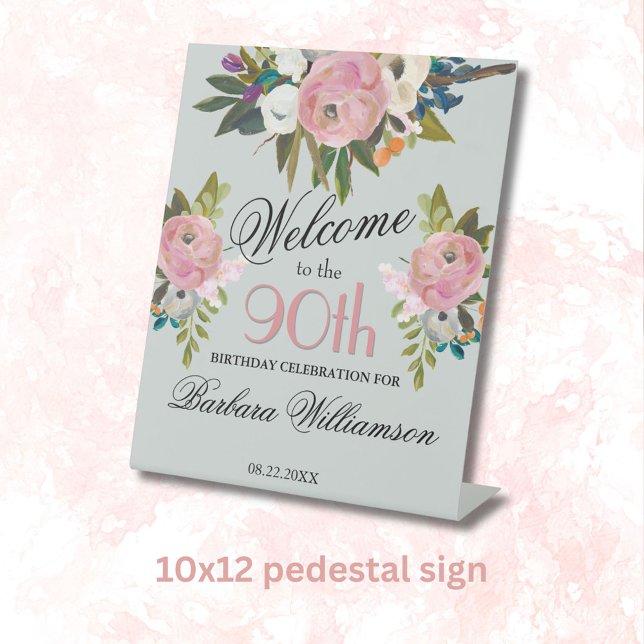 Elegant Handpainted Floral 90th Birthday Welcome Pedestal Sign (Creator Uploaded)