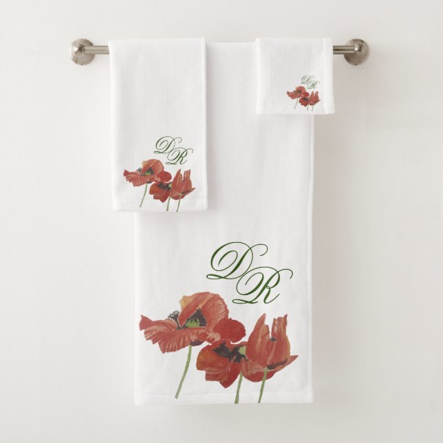 Elegant Handpainted Red Poppies Monogram Initals Bath Towel Set (Insitu)