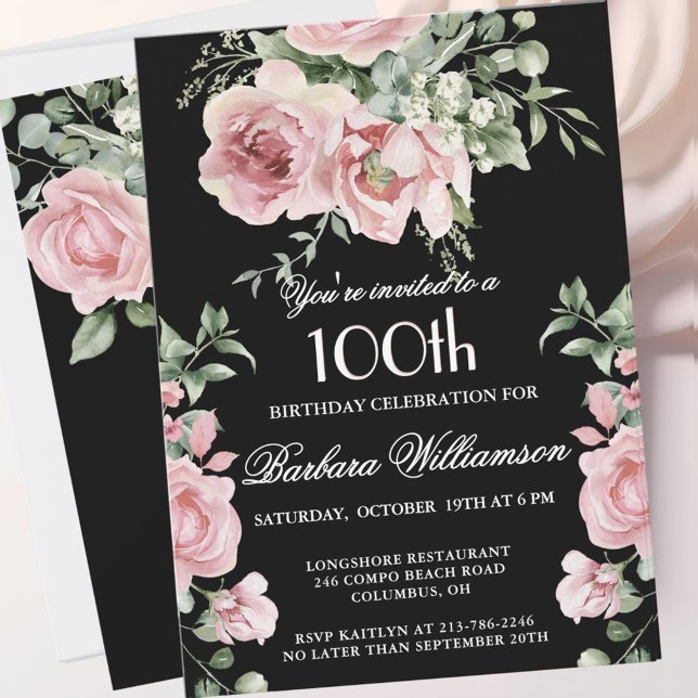 *Elegant Handpainted Roses 100th Birthday Party  Invitation (Creator Uploaded)