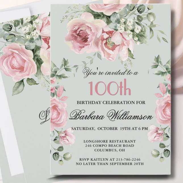Elegant Handpainted Roses 100th Birthday Party  Invitation (Creator Uploaded)