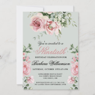 Elegant Handpainted Roses 90th Birthday Party Invitation