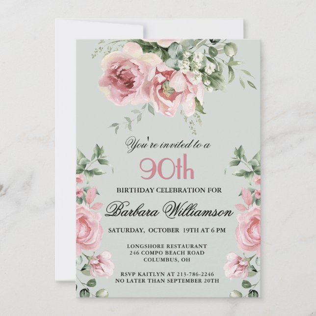 Elegant Handpainted Roses 90th Birthday Party  Invitation (Front)