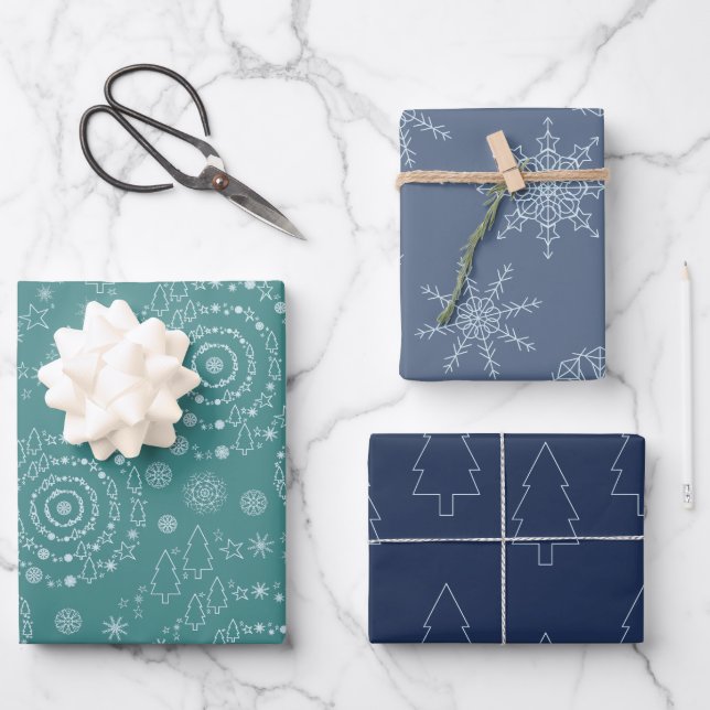 Elegant Handrawn Chrismas Patterns Teal Blue Navy Wrapping Paper Sheet (Front)