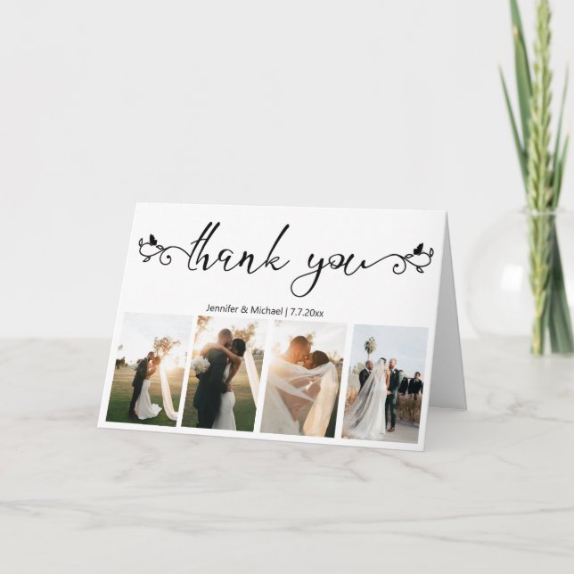 elegant handwriting 4 photos collage wedding  thank you card (Front)