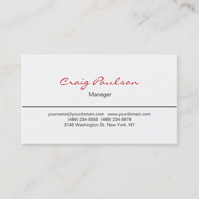 Elegant Handwriting Black White Red Business Card (Front)