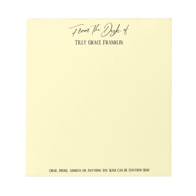 Elegant Handwriting From the Desk of Pale Yellow Notepad (Front)