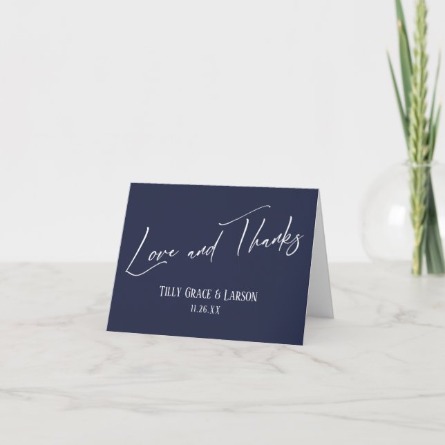 Elegant Handwriting Love and Thanks Navy Blue Thank You Card (Front)