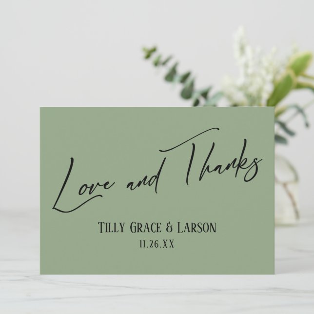 Elegant Handwriting Love and Thanks Sage Green Thank You Card (Standing Front)