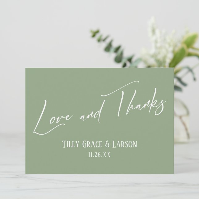Elegant Handwriting Love and Thanks Sage Green Thank You Card (Standing Front)