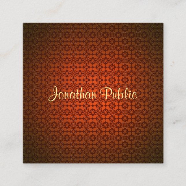 Elegant Handwriting Name Text Template Red Damask Square Business Card (Front)