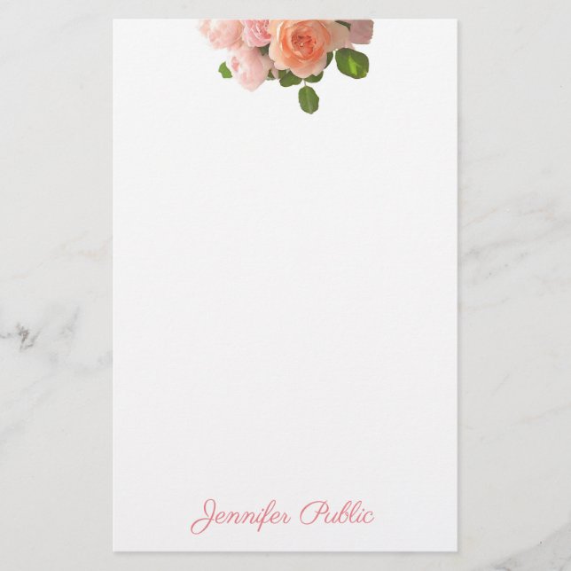 Elegant Handwriting Name Watercolor Roses Template Stationery (Front)