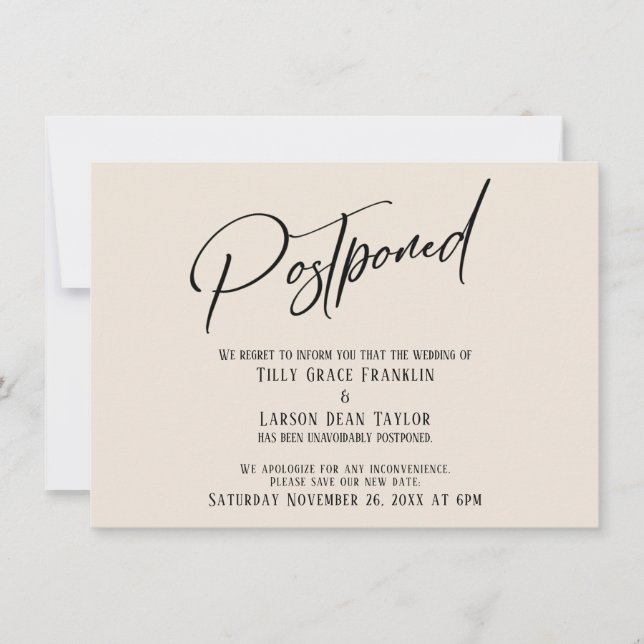 Elegant Handwriting Postponed Wedding Cream Card (Front)