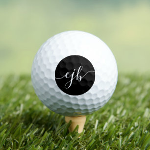 Elegant Handwriting Script White on Black Monogram Golf Balls