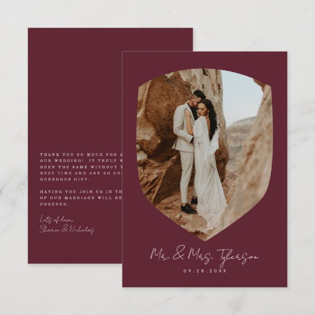 Elegant Handwritten Burgundy Photo Wedding   Thank You Card (Front/Back)