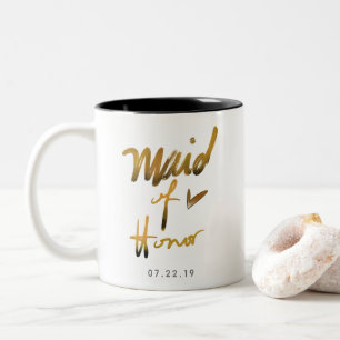 Elegant Handwritten Faux Gold Maid of Honour Two-Tone Coffee Mug