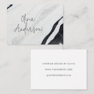 Elegant Handwritten Script Name Black White Marble Business Card
